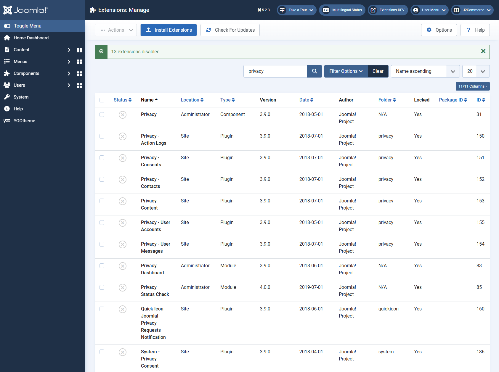 Dashboard 02 Disable Core Extensions